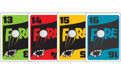 Fore Cards Four numbered playing cards in green, red, yellow, and black with "FORE" text and graphic designs.