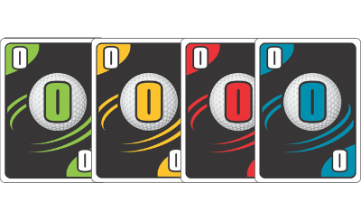 Golf Cards Four playing cards featuring a large "0" in different colors: green, yellow, red, and blue.