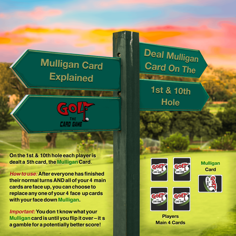 Golf the Card Game Mulligan Card Explained Signpost with directions for golf, including "Mulligan Card Explained" and game instructions.