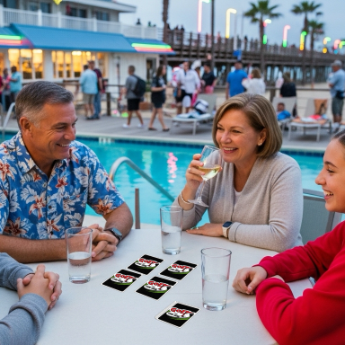 Four people gathered around a table enjoying drinks and a card game by a pool at dusk.