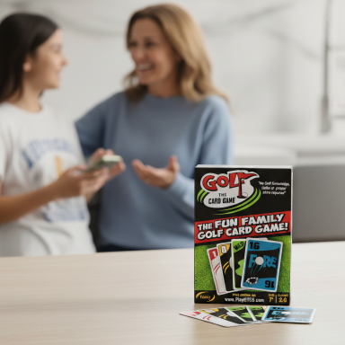 Golf the Card Game Generational Two women enjoying a card game with a colorful game box displayed in front.