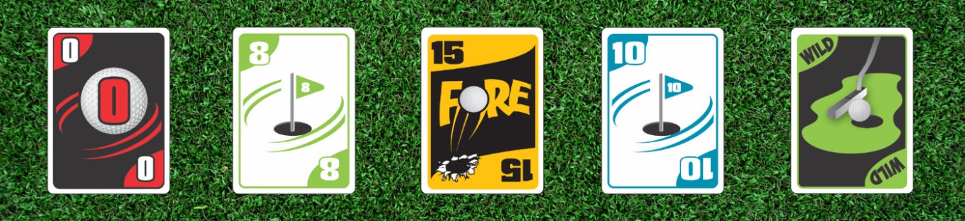 Golf the Card Games Cards on Grass Picture of Golf-themed Card game titled "Golf the card game" Five golf game playing cards on grass, featuring various designs and colors.