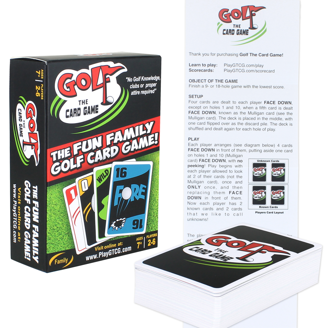 Golf the Card Game What's included Picture of Golf-themed Card game titled "Golf the card game" game box with golf game cards and rules displayed next to it.