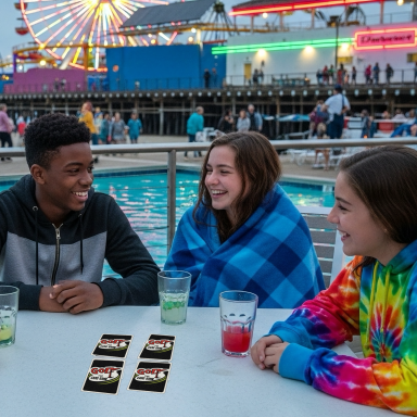 Play Golf the Card Game Three friends at a table by the water, smiling and playing cards, with a ferris wheel in the background.
