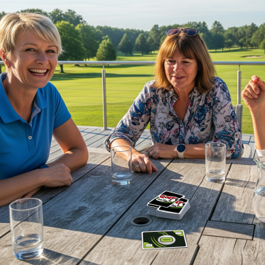 Ladies playing Golf the Card Game after a round of golf. Three women smiling and playing cards on a wooden table outdoors with a green landscape.