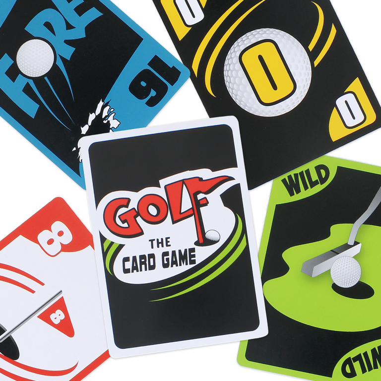 Golf the Card Game spread out Picture of Golf-themed Card game titled "Golf the card game" colorful playing cards featuring numbers and golf game related graphics.